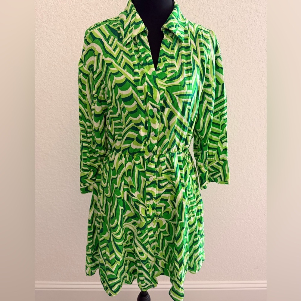 ZARA Green & White Patterned Dress | 3/4 Sleeve with Buttoned Cuffs